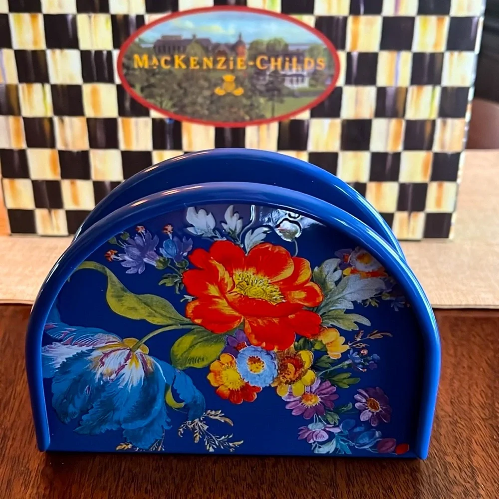 NWT Mackenzie Childs Blue Flower Market napkin holder and Courtly check napkins